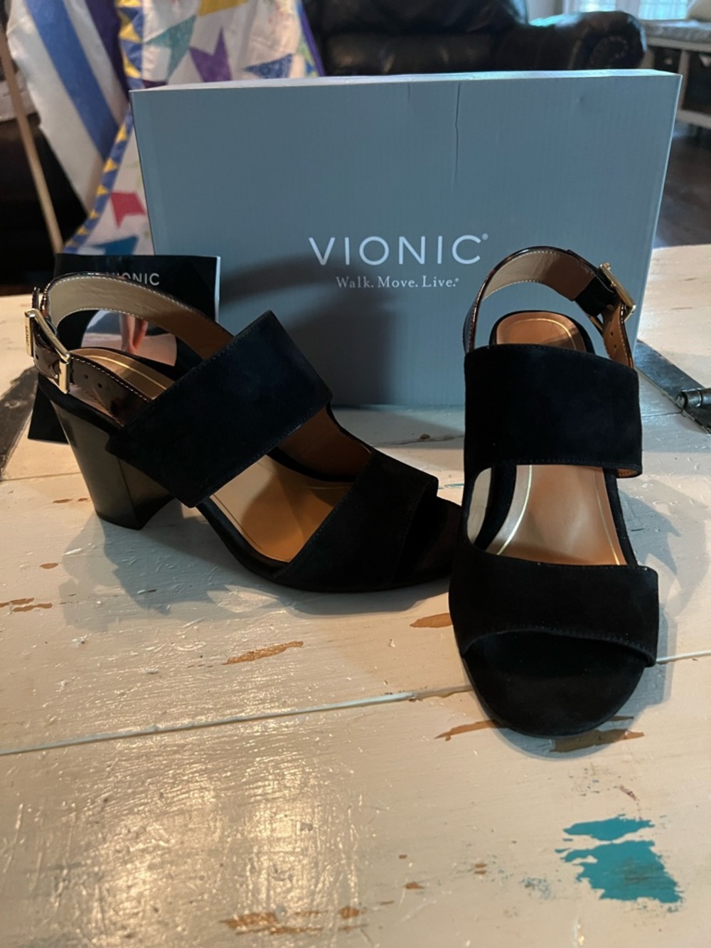 Vionic Black Suede Block Heel Sandals with Ankle Strap